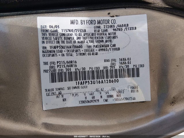 2006 Ford Taurus Se მანქანა იყიდება აუქციონზე, vin: 1FAFP53U16A128600, აუქციონის ნომერი: 45268077