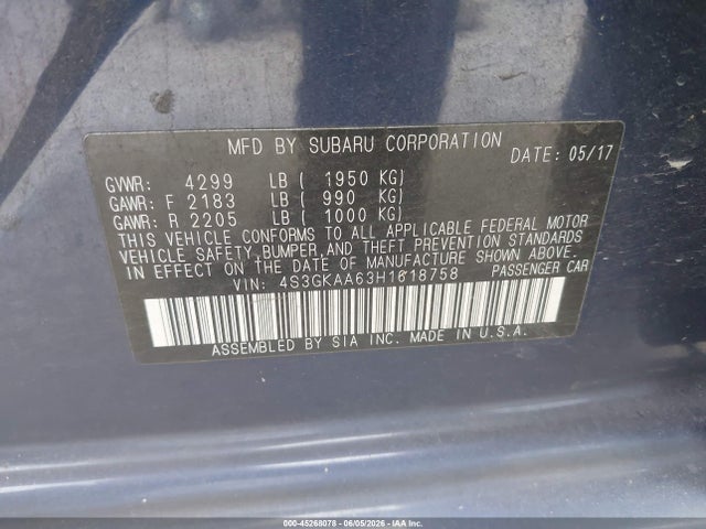 2017 Subaru Impreza 2.0i მანქანა იყიდება აუქციონზე, vin: 4S3GKAA63H1618758, აუქციონის ნომერი: 45268078