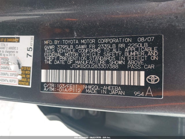 Aukcja sprzedaży 2008 Toyota Prius, vin: JTDKB20U283307388, numer aukcji: 45268080