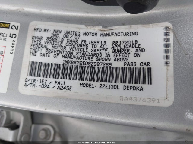 Продаж на аукціоні авто 2008 Toyota Corolla Ce, vin: 1NXBR32E08Z987269, номер лоту: 45268085
