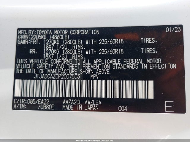 Aukcja sprzedaży 2023 Lexus Nx 250, vin: JTJADCAZ0P2007503, numer aukcji: 45268086