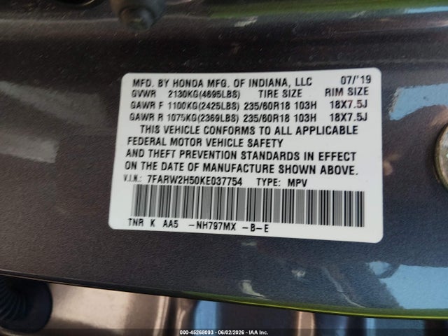 Aukcja sprzedaży 2019 Honda Cr-v Ex, vin: 7FARW2H50KE037754, numer aukcji: 45268093