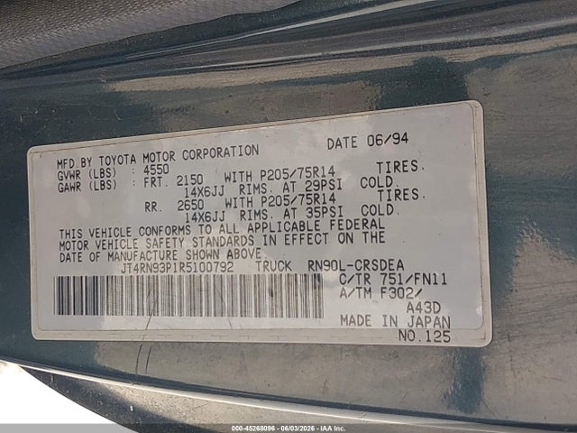 45268096 :رقم المزاد ، JT4RN93P1R5100792 vin ، 1994 Toyota Pickup 1/2 Ton Ex Lng Whlbase/dx مزاد بيع