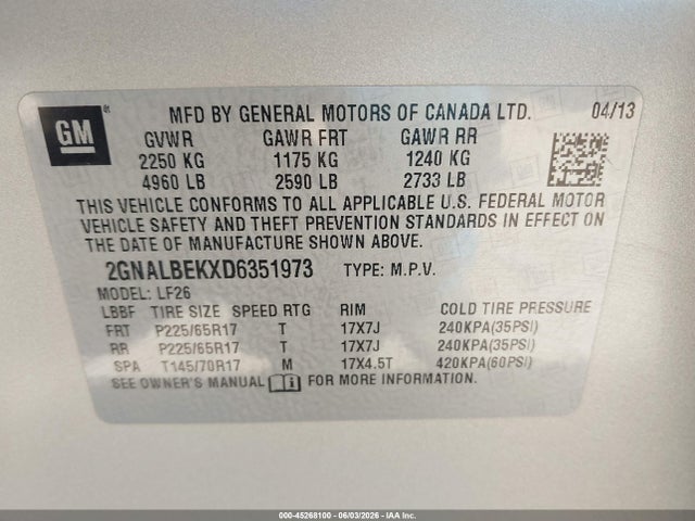 Продажа на аукционе авто 2013 Chevrolet Equinox Ls, vin: 2GNALBEKXD6351973, номер лота: 45268100