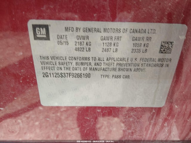 Продаж на аукціоні авто 2015 Chevrolet Impala 2lt, vin: 2G1125S37F9266190, номер лоту: 45268103