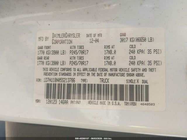 Aukcja sprzedaży 2005 Dodge Ram 1500 Slt/laramie, vin: 1D7HU18N05S213786, numer aukcji: 45268107