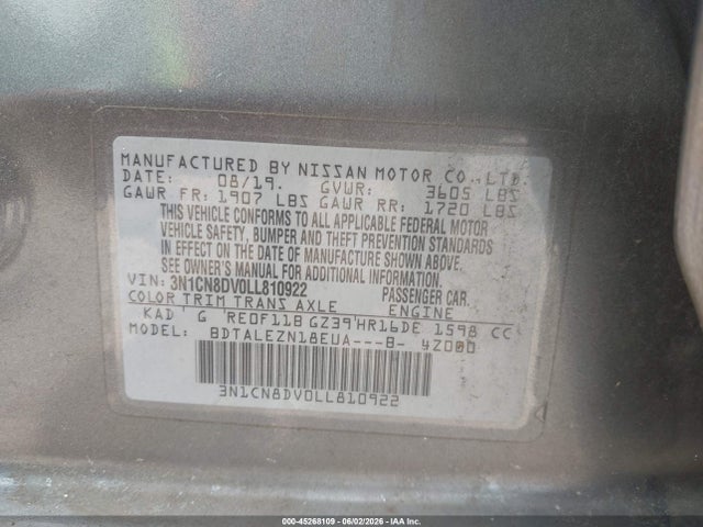 Aukcja sprzedaży 2020 Nissan Versa S Xtronic Cvt, vin: 3N1CN8DV0LL810922, numer aukcji: 45268109