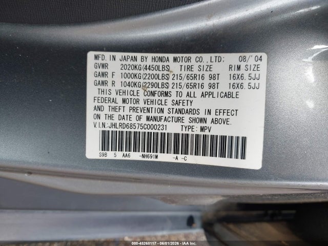 45268117 :رقم المزاد ، JHLRD68575C000231 vin ، 2005 Honda Cr-v Lx مزاد بيع