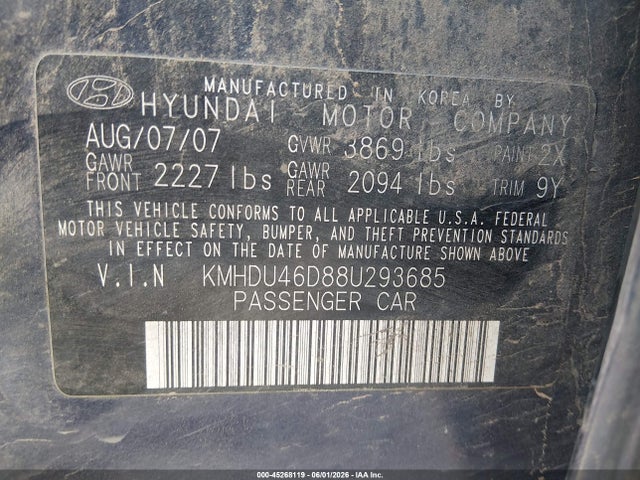 45268119 :رقم المزاد ، KMHDU46D88U293685 vin ، 2008 Hyundai Elantra Gls/se مزاد بيع