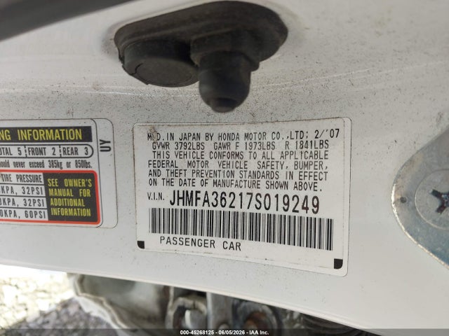 45268125 :رقم المزاد ، JHMFA36217S019249 vin ، 2007 Honda Civic Hybrid مزاد بيع