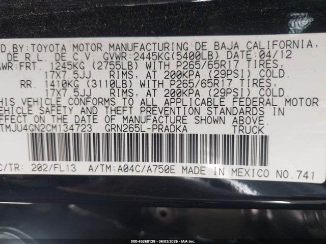 2012 Toyota Tacoma Prerunner V6 მანქანა იყიდება აუქციონზე, vin: 3TMJU4GN2CM134723, აუქციონის ნომერი: 45268128