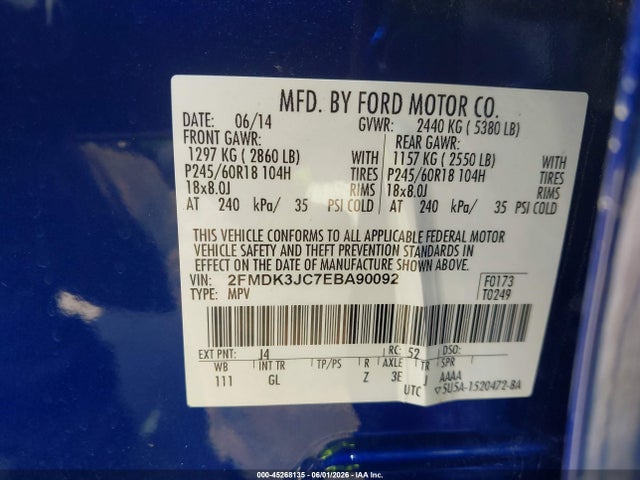 45268135 :رقم المزاد ، 2FMDK3JC7EBA90092 vin ، 2014 Ford Edge Sel مزاد بيع