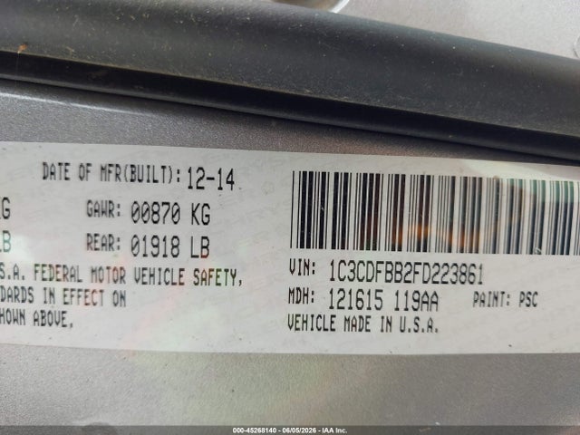 45268140 :رقم المزاد ، 1C3CDFBB2FD223861 vin ، 2015 Dodge Dart Sxt مزاد بيع