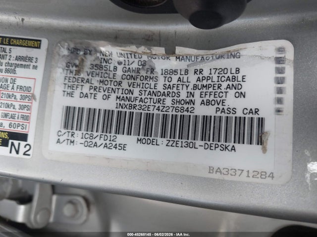 Aukcja sprzedaży 2004 Toyota Corolla S, vin: 1NXBR32E74Z276842, numer aukcji: 45268145