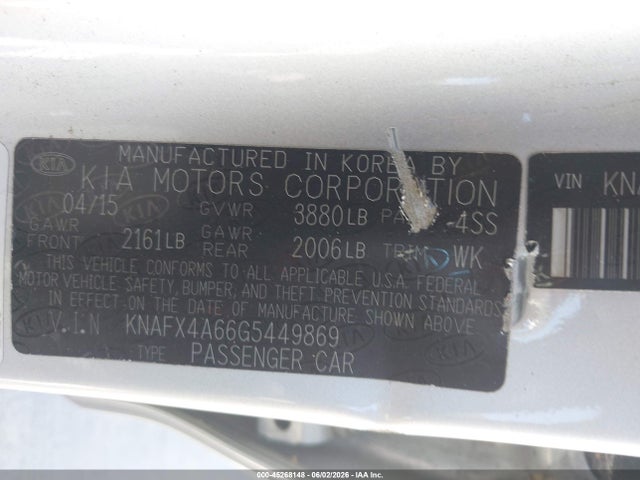 2016 Kia Forte Lx მანქანა იყიდება აუქციონზე, vin: KNAFX4A66G5449869, აუქციონის ნომერი: 45268148