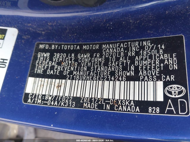 45268149 :رقم المزاد ، 2T1BURHE6EC214246 vin ، 2014 Toyota Corolla S Plus مزاد بيع