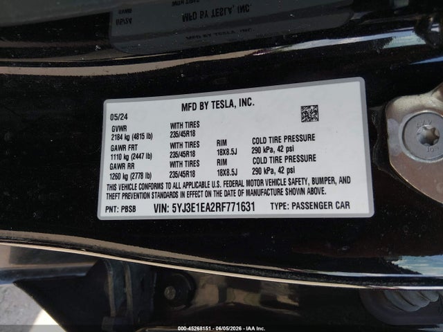 2024 Tesla Model 3 Long Range Dual Motor All-wheel Drive/rear-wheel Drive მანქანა იყიდება აუქციონზე, vin: 5YJ3E1EA2RF771631, აუქციონის ნომერი: 45268151