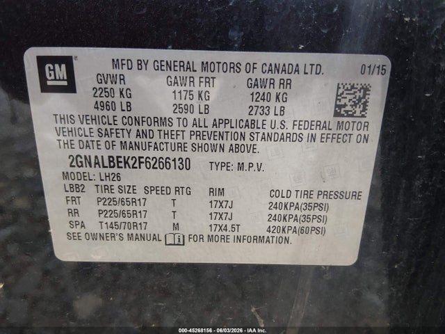 Aukcja sprzedaży 2015 Chevrolet Equinox 1lt, vin: 2GNALBEK2F6266130, numer aukcji: 45268156