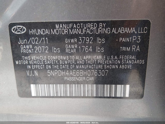 Продажа на аукционе авто 2011 Hyundai Elantra Limited, vin: 5NPDH4AE6BH076307, номер лота: 45268160