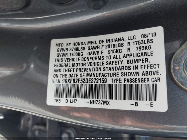 Продаж на аукціоні авто 2013 Honda Civic Lx, vin: 19XFB2F52DE272159, номер лоту: 45268163