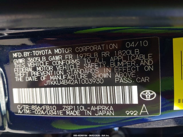 45268164 :رقم المزاد ، JTKKU4B42A1003930 vin ، 2010 Scion Xd مزاد بيع
