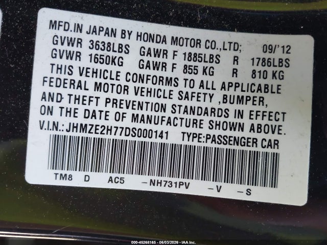 2013 Honda Insight Ex მანქანა იყიდება აუქციონზე, vin: JHMZE2H77DS000141, აუქციონის ნომერი: 45268165