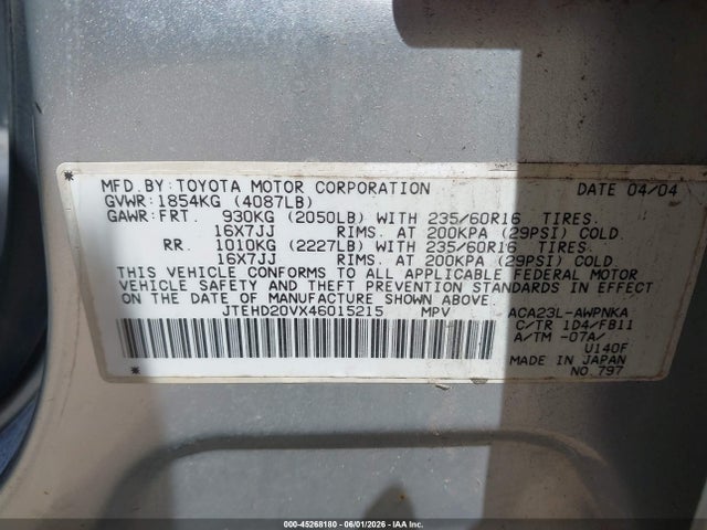 Продажа на аукционе авто 2004 Toyota Rav4, vin: JTEHD20VX46015215, номер лота: 45268180