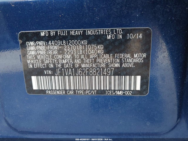 Продажа на аукционе авто 2015 Subaru Wrx Limited, vin: JF1VA1J62F8821497, номер лота: 45268181