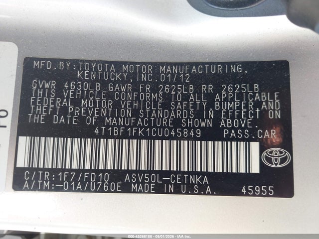 45268188 :رقم المزاد ، 4T1BF1FK1CU045849 vin ، 2012 Toyota Camry Le مزاد بيع
