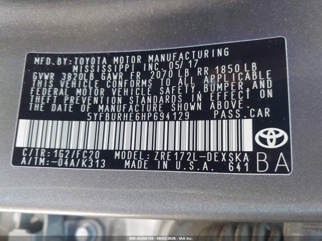Aukcja sprzedaży 2017 Toyota Corolla Se, vin: 5YFBURHE6HP694129, numer aukcji: 45268189