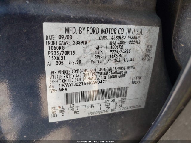 2004 Ford Escape Xls მანქანა იყიდება აუქციონზე, vin: 1FMYU02164KA90421, აუქციონის ნომერი: 45268196
