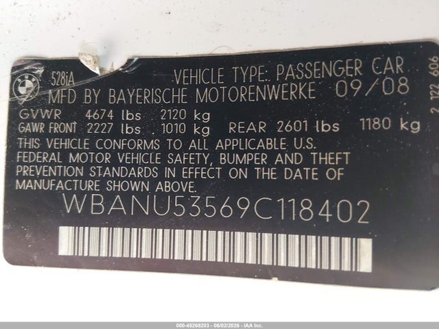 Продажа на аукционе авто 2009 Bmw 528i, vin: WBANU53569C118402, номер лота: 45268203