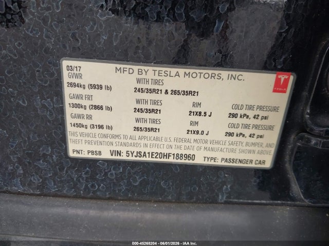 Aukcja sprzedaży 2017 Tesla Model S 100d/60d/75d/90d/p100d, vin: 5YJSA1E20HF188960, numer aukcji: 45268204