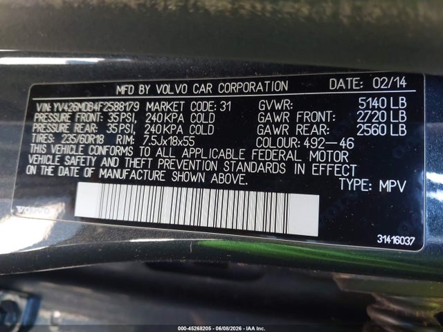 45268205 :رقم المزاد ، YV426MDB4F2588179 vin ، 2015 Volvo Xc60 T5 Premier مزاد بيع