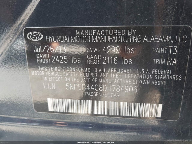 Aukcja sprzedaży 2013 Hyundai Sonata Gls, vin: 5NPEB4AC8DH784906, numer aukcji: 45268207