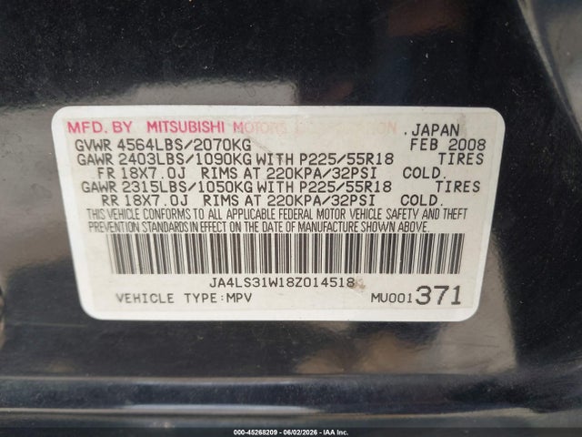 45268209 :رقم المزاد ، JA4LS31W18Z014518 vin ، 2008 Mitsubishi Outlander Se مزاد بيع