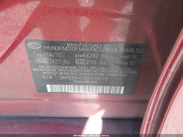 Продажа на аукционе авто 2011 Hyundai Sonata Gls, vin: 5NPEB4AC0BH154178, номер лота: 45268211
