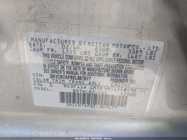 45268213 :رقم المزاد ، 3N1CN7AP8EL867677 vin ، 2014 Nissan Versa 1.6 Sv مزاد بيع
