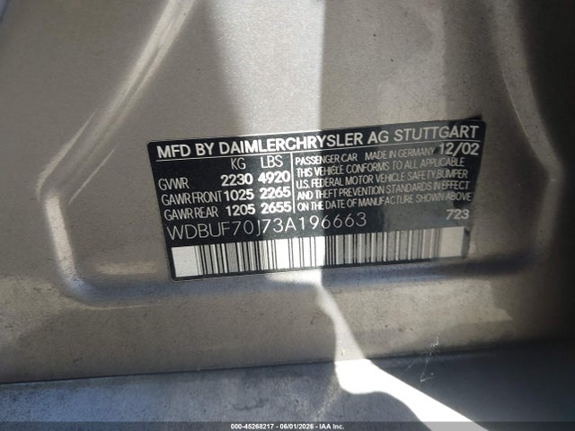 Aukcja sprzedaży 2003 Mercedes-benz E 500, vin: WDBUF70J73A196663, numer aukcji: 45268217
