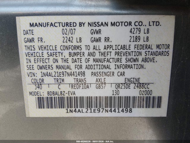 Продаж на аукціоні авто 2007 Nissan Altima 2.5 S, vin: 1N4AL21E97N441498, номер лоту: 45268226