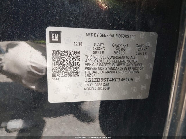 45268231 :رقم المزاد ، 1G1ZB5ST4KF145105 vin ، 2019 Chevrolet Malibu 1ls مزاد بيع