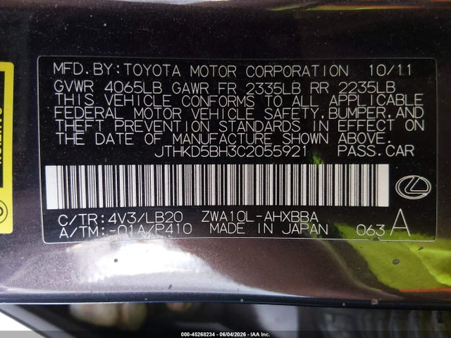 Продаж на аукціоні авто 2012 Lexus Ct 200h Premium, vin: JTHKD5BH3C2055921, номер лоту: 45268234