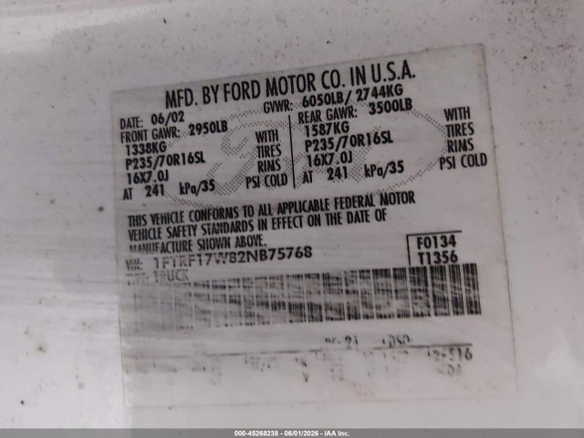 Продажа на аукционе авто 2002 Ford F-150 Xl/xlt, vin: 1FTRF17W82NB75768, номер лота: 45268238