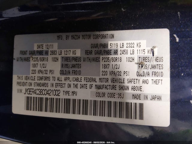 45268240 :رقم المزاد ، JM3ER4C38C0421002 vin ، 2012 Mazda Cx-7 S Touring مزاد بيع