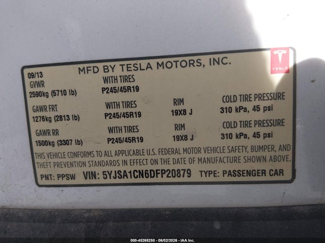 Aukcja sprzedaży 2013 Tesla Model S, vin: 5YJSA1CN6DFP20879, numer aukcji: 45268250