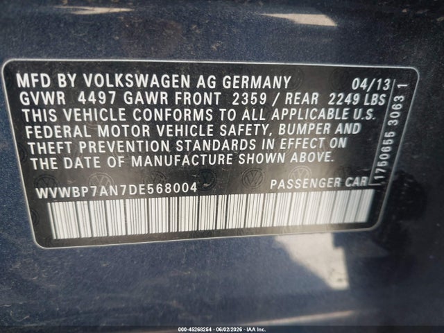 2013 Volkswagen Cc 2.0t Sport მანქანა იყიდება აუქციონზე, vin: WVWBP7AN7DE568004, აუქციონის ნომერი: 45268254