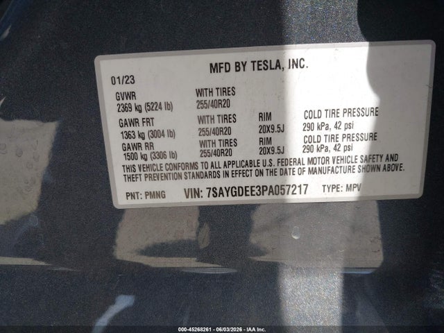 Продажа на аукционе авто 2023 Tesla Model Y, vin: 7SAYGDEE3PA057217, номер лота: 45268261