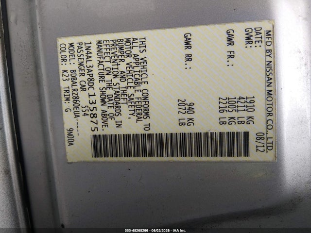Aukcja sprzedaży 2013 Nissan Altima 2.5 S, vin: 1N4AL3AP8DC135875, numer aukcji: 45268266