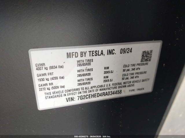 Продаж на аукціоні авто 2024 Tesla Cybertruck All-wheel Drive, vin: 7G2CEHED4RA034458, номер лоту: 45268270