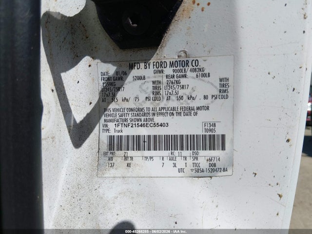 45268285 :رقم المزاد ، 1FTNF21546EC55403 vin ، 2006 Ford F-250 Xl/xlt مزاد بيع